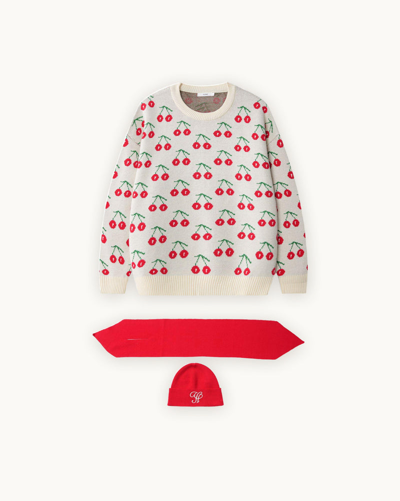 Cherry Knit Pullover with Neck Warmer & Beanie, Red