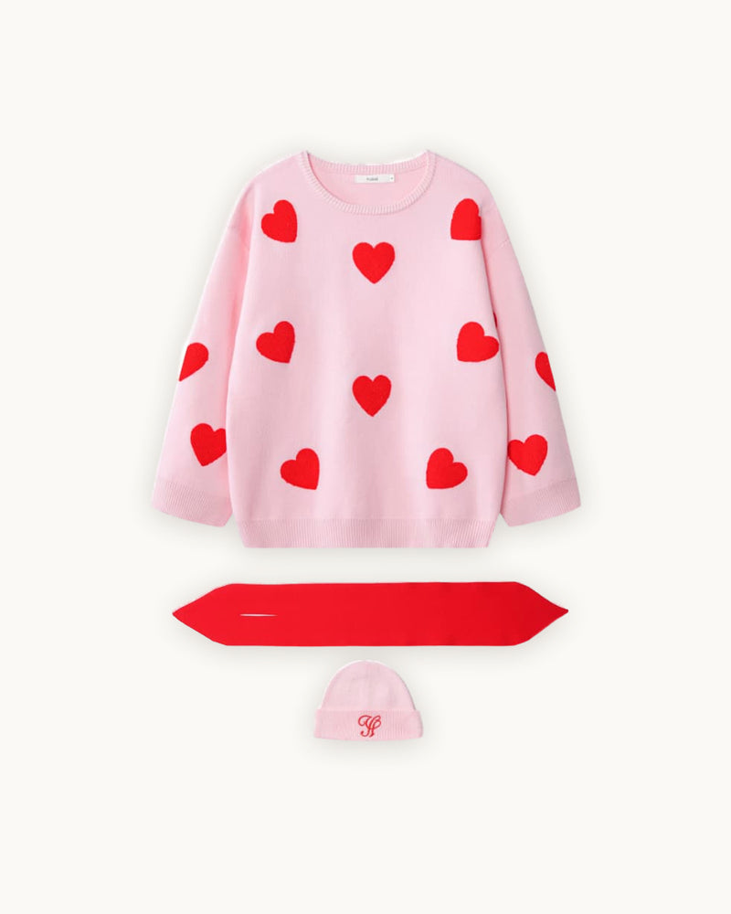 Heart Knit Pullover with Neck Warmer & Beanie, Pink