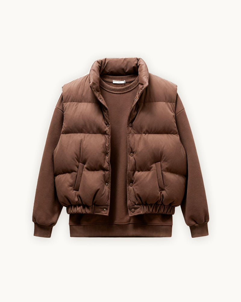 Monochrome Sweatshirt with Half-Sleeve Puffer, Dark Brown