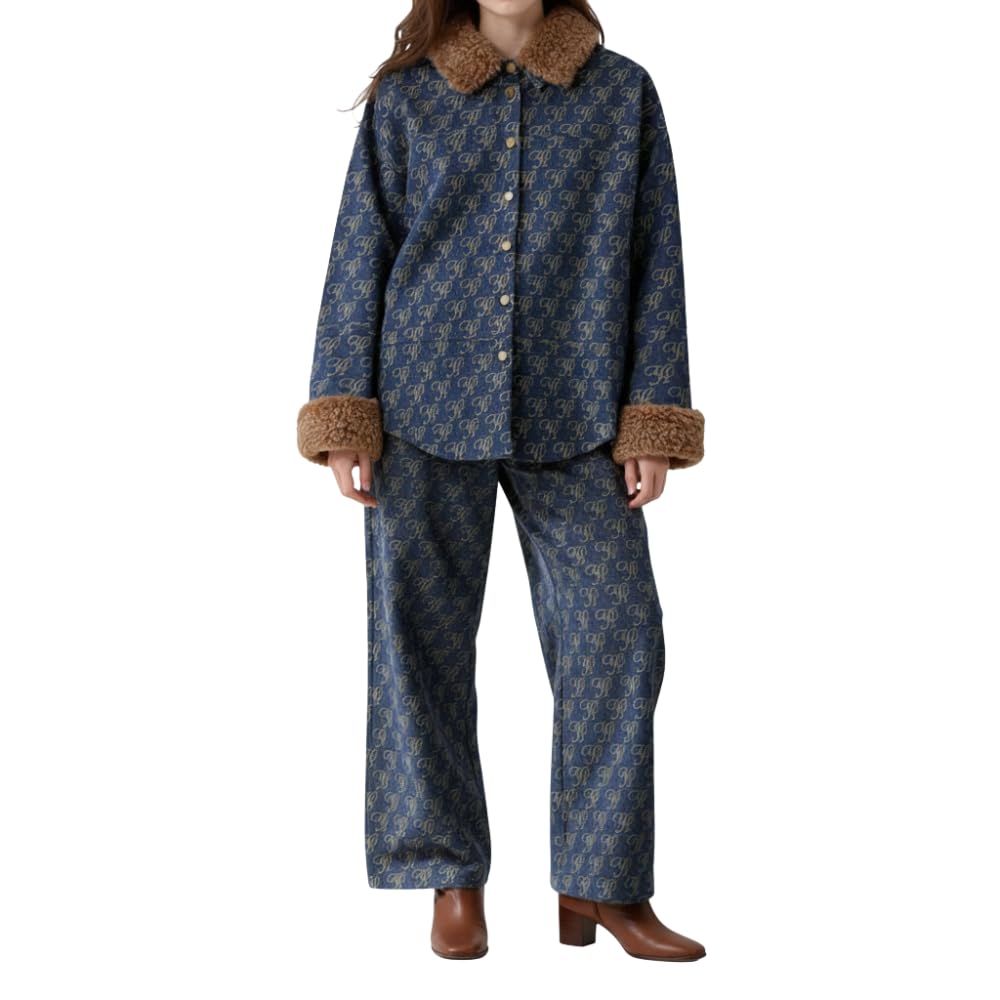 YUSHE 2 Piece Denim Outfit for Women | Button Down Shirt & Pant Set with Detachable Faux Fur | Cotton Rich Winter Set