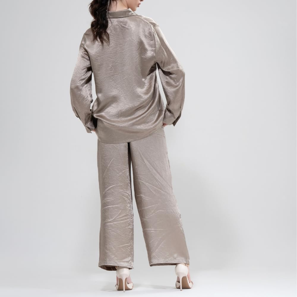 YUSHE 2-Piece Lounge Set for Women | Silky Shirt with Designer Buttons & Wide-Leg Pants with Pockets | Lounge Sets for Travel