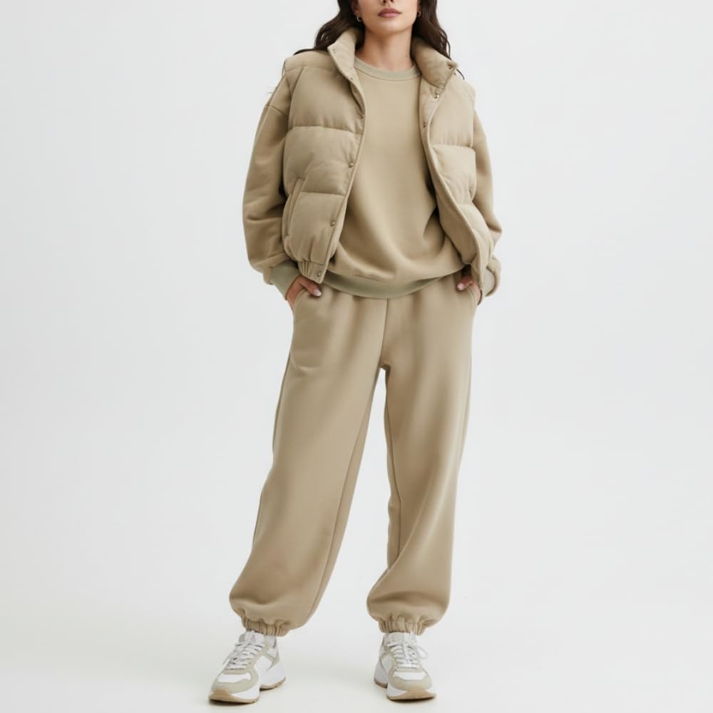 YUSHE Three Piece Sets for Women | Cotton Rich Sweatshirt and Jogger with Lightweight Puffer Jacket | Winter Cord Sets