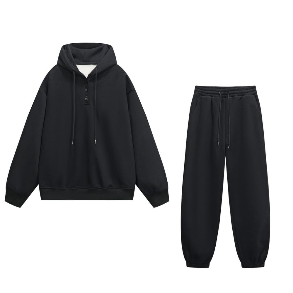 YUSHE 2 Piece Hoodie and Jogger Set for Women | Buttoned Pullover Hoodie with High Rise Joggers | Cotton Blend Sweatsuit Set