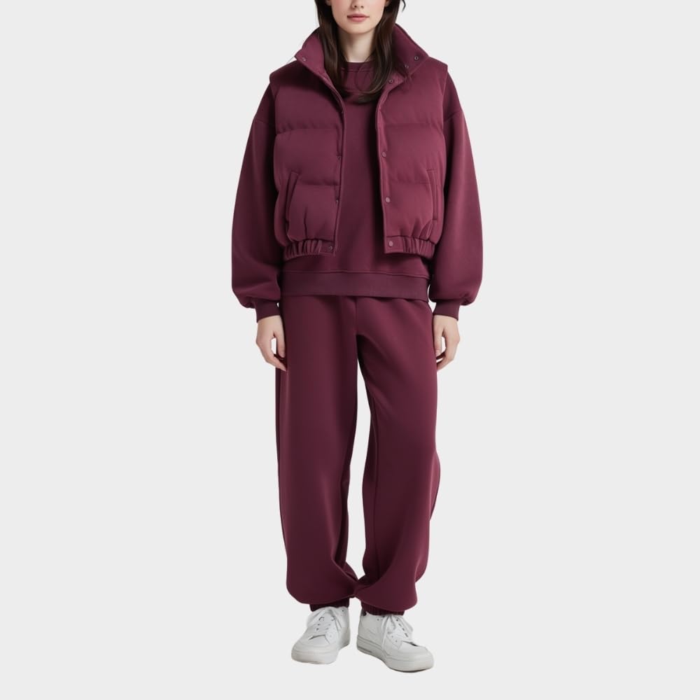 YUSHE Three Piece Sets for Women | Cotton Rich Sweatshirt and Jogger with Lightweight Puffer Jacket | Winter Cord Sets
