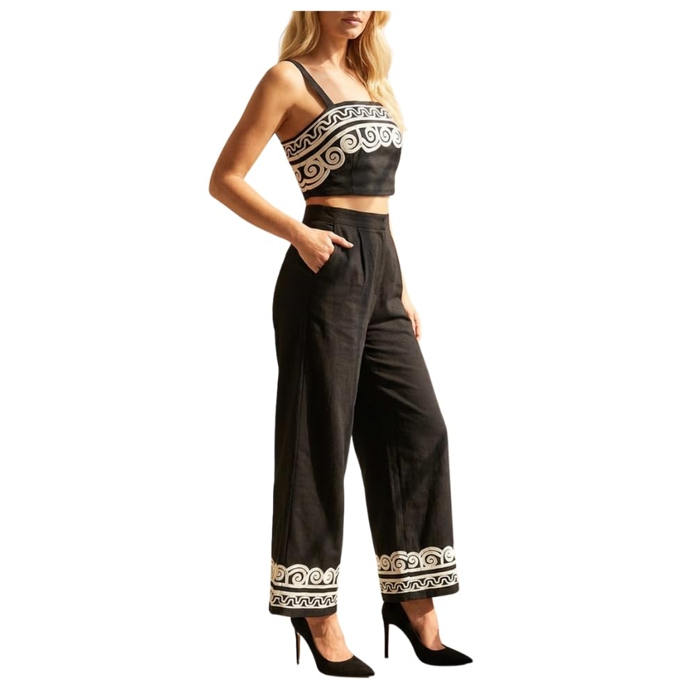 YUSHE Embroidered 2 Piece Crop Top and Pants Set | Viscose Linen Blend Cord Set | Wide Leg Pants | Vacation Outfits for Women