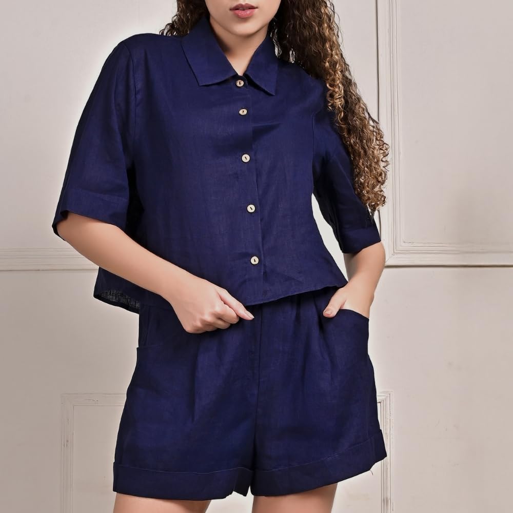 YUSHE 3 Piece Lounge Set for Women | Linen Crop Shirt with Shorts & Pants | Matching Co Ord Set | Loungewear for Travel