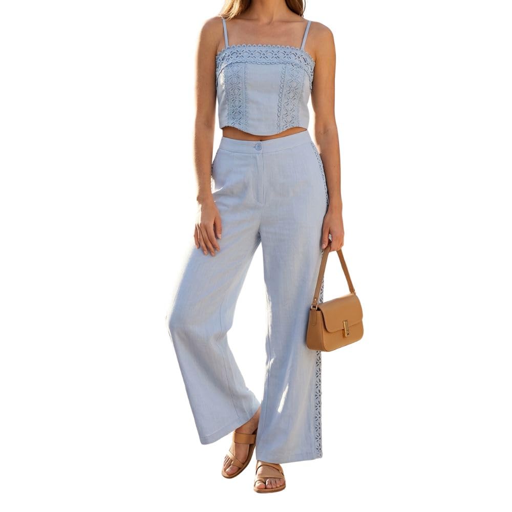 YUSHE 2-Piece Crop Top and Pants Set for Women | Lace Embroidered Top & Wide-Leg Pants with Pockets | Women Co-ord Set