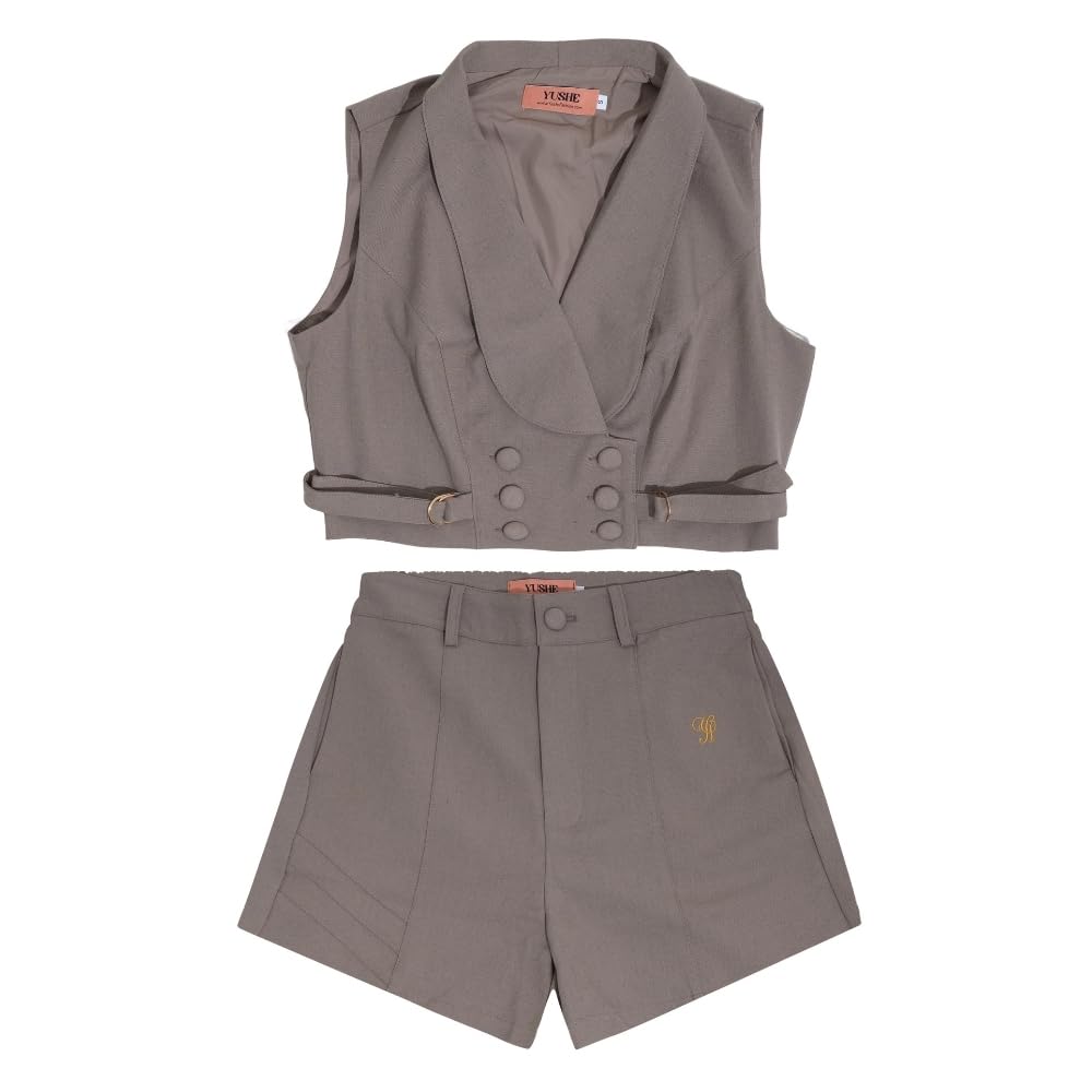 YUSHE Two-Piece Vest and Shorts Set for Women | Linen Blend Sleeveless Buttoned Vest & Matching Shorts | Women’s Work Outfit