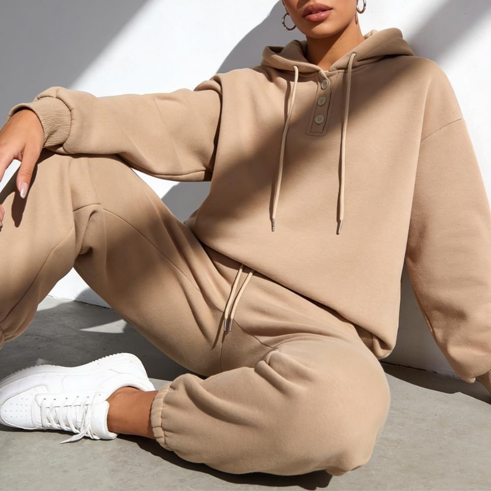 YUSHE 2 Piece Hoodie and Jogger Set for Women | Buttoned Pullover Hoodie with High Rise Joggers | Cotton Blend Sweatsuit Set