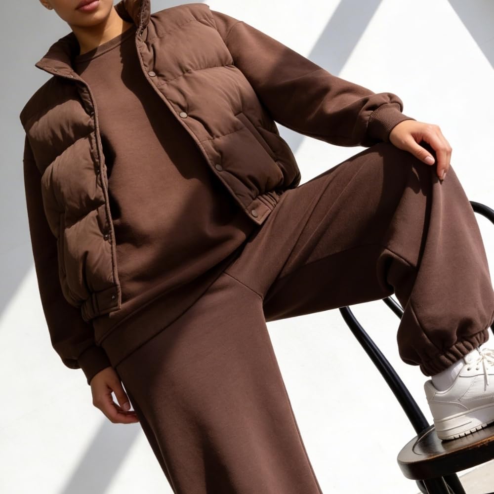 YUSHE Three Piece Sets for Women | Cotton Rich Sweatshirt and Jogger with Lightweight Puffer Jacket | Winter Cord Sets