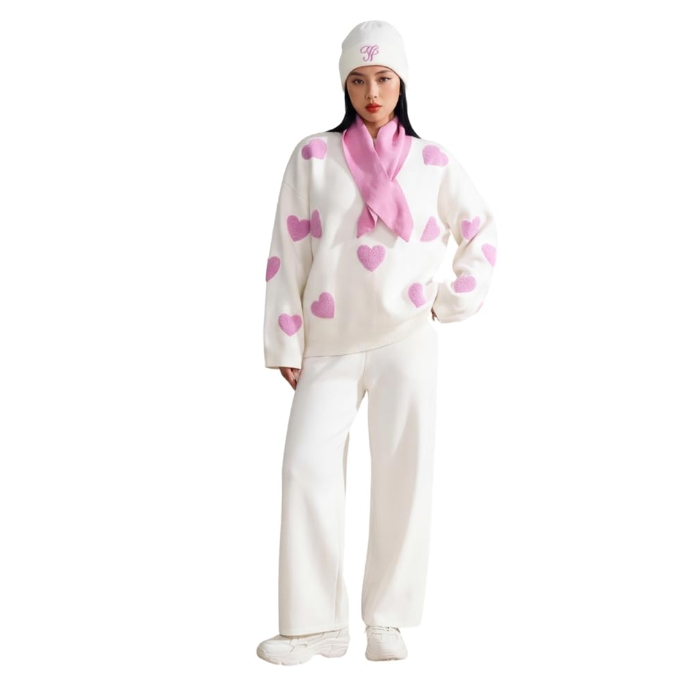 YUSHE Women’s Winter Co-Ord Set | 4-Piece 3D Heart Knit Sweater & High-Rise Pants | Matching Cap & Neck Warmer