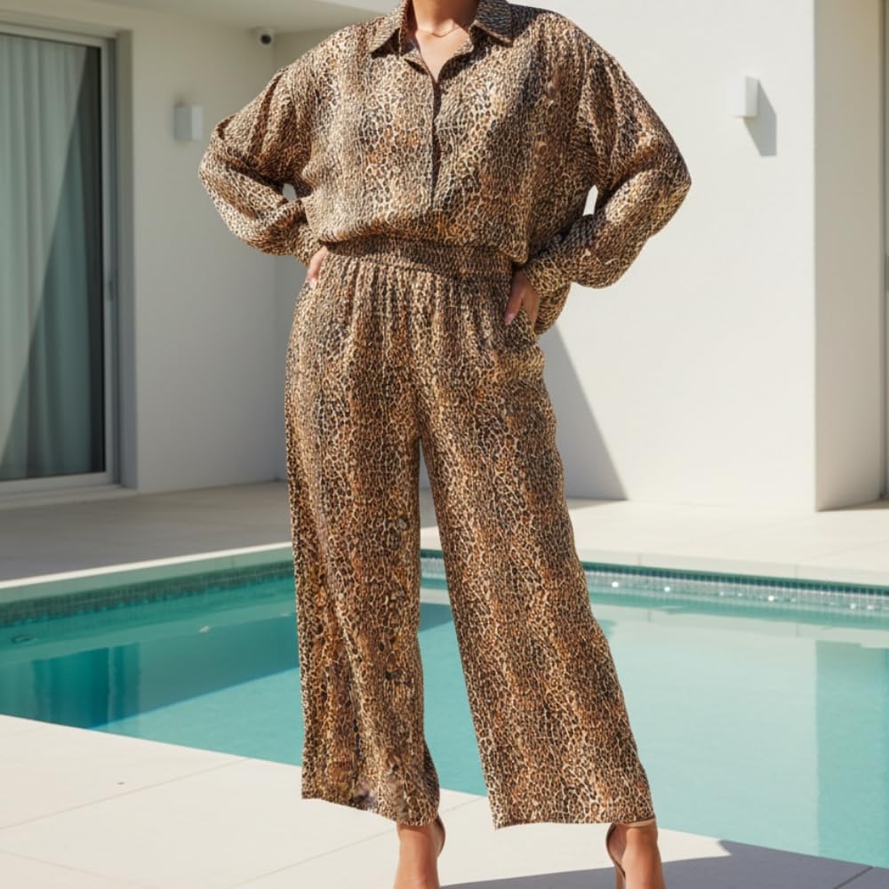 YUSHE Animal Print Co-ord Set | Lightweight Shirt and Pants Set for Women | Summer Two Piece Sets | Casual Vacation Outfits