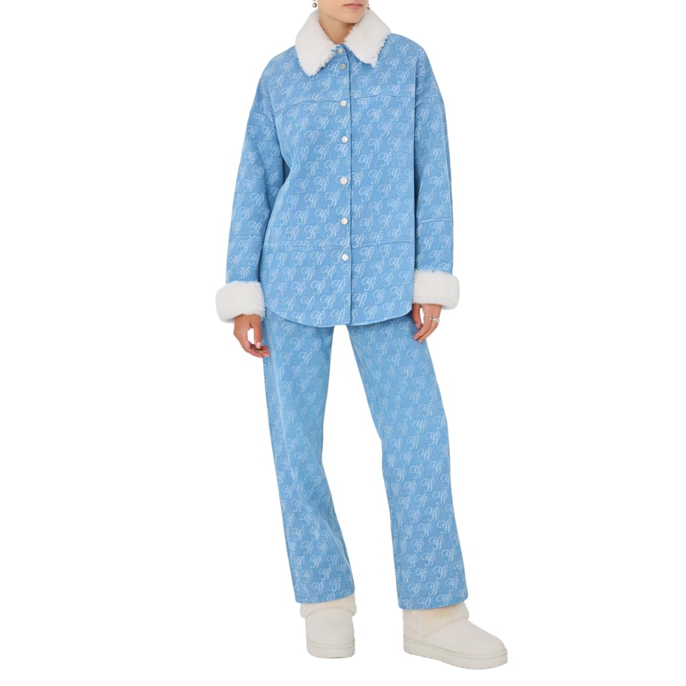 YUSHE 2 Piece Denim Outfit for Women | Button Down Shirt & Pant Set with Detachable Faux Fur | Cotton Rich Winter Set