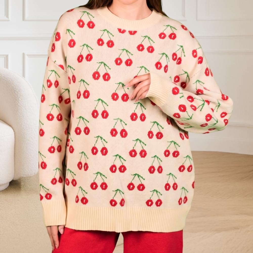 YUSHE Women 2 Piece Set | Cherry Motif Knit Sweater & High-Rise Pants | Winter Co-Ord Sets for Women | Loungewear for Travel