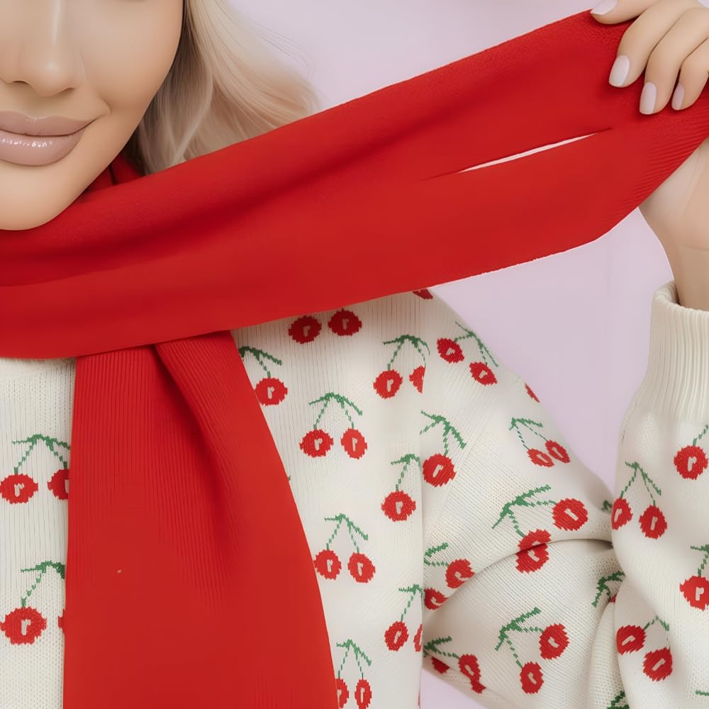 YUSHE Women’s Co-Ord Set | 4-Piece Knitted Cherry Motif Sweater & High-Rise Pants with Cap & Neck Warmer | Winter Lounge Set