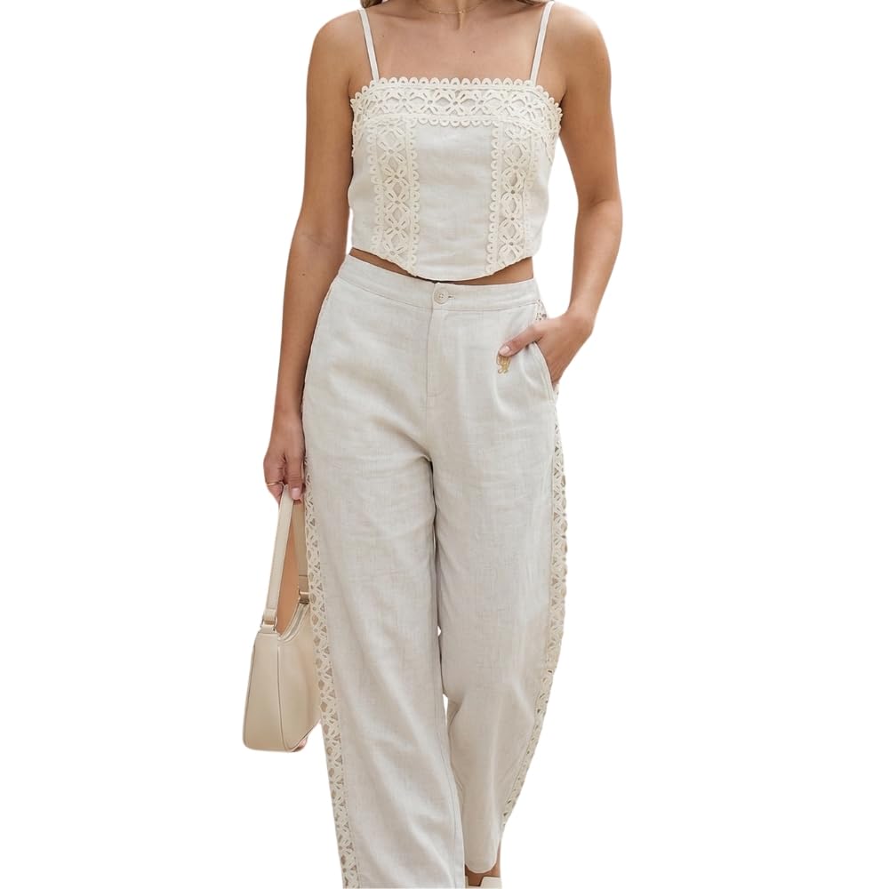 YUSHE 2-Piece Crop Top and Pants Set for Women | Lace Embroidered Top & Wide-Leg Pants with Pockets | Women Co-ord Set