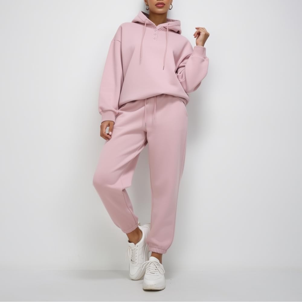 YUSHE 2 Piece Hoodie and Jogger Set for Women | Buttoned Pullover Hoodie with High Rise Joggers | Cotton Blend Sweatsuit Set