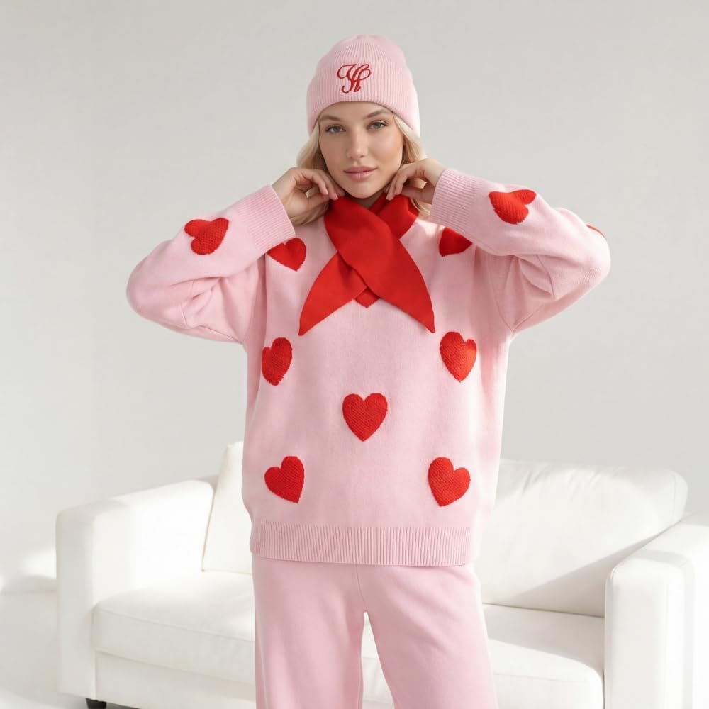 YUSHE Women’s Winter Co-Ord Set | 4-Piece 3D Heart Knit Sweater & High-Rise Pants | Matching Cap & Neck Warmer