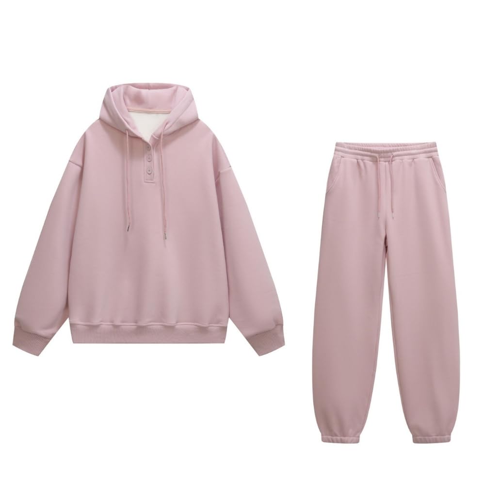 YUSHE 2 Piece Hoodie and Jogger Set for Women | Buttoned Pullover Hoodie with High Rise Joggers | Cotton Blend Sweatsuit Set