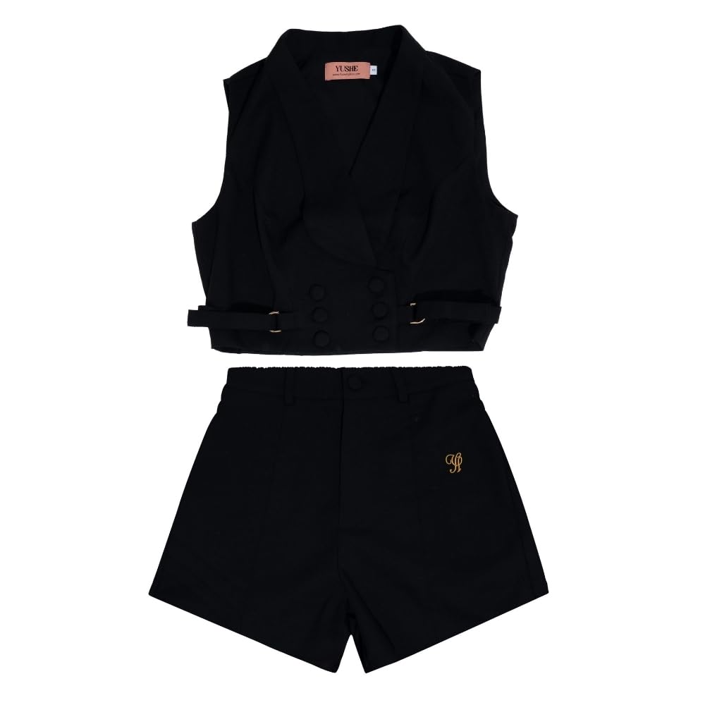 YUSHE Two-Piece Vest and Shorts Set for Women | Linen Blend Sleeveless Buttoned Vest & Matching Shorts | Women’s Work Outfit
