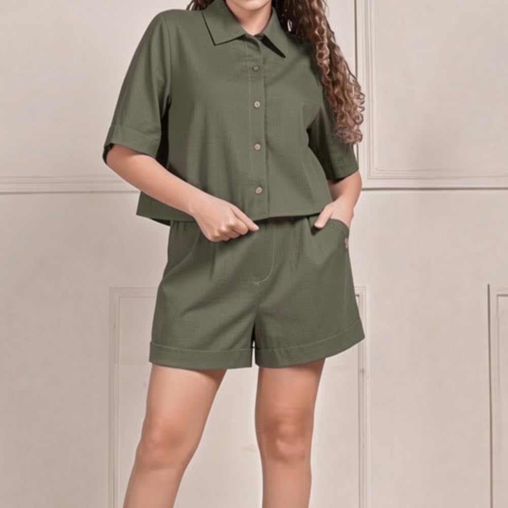 YUSHE 3 Piece Lounge Set for Women | Linen Crop Shirt with Shorts & Pants | Matching Co Ord Set | Loungewear for Travel