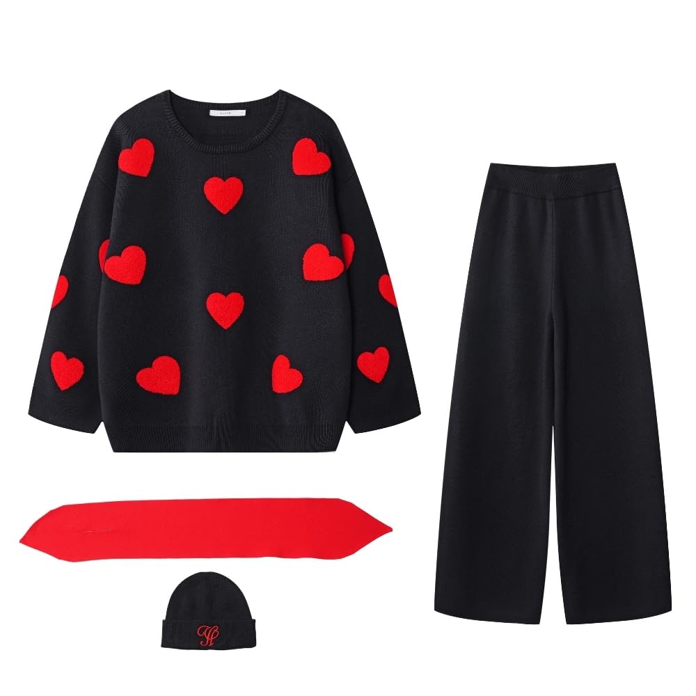 YUSHE Women’s Winter Co-Ord Set | 4-Piece 3D Heart Knit Sweater & High-Rise Pants | Matching Cap & Neck Warmer