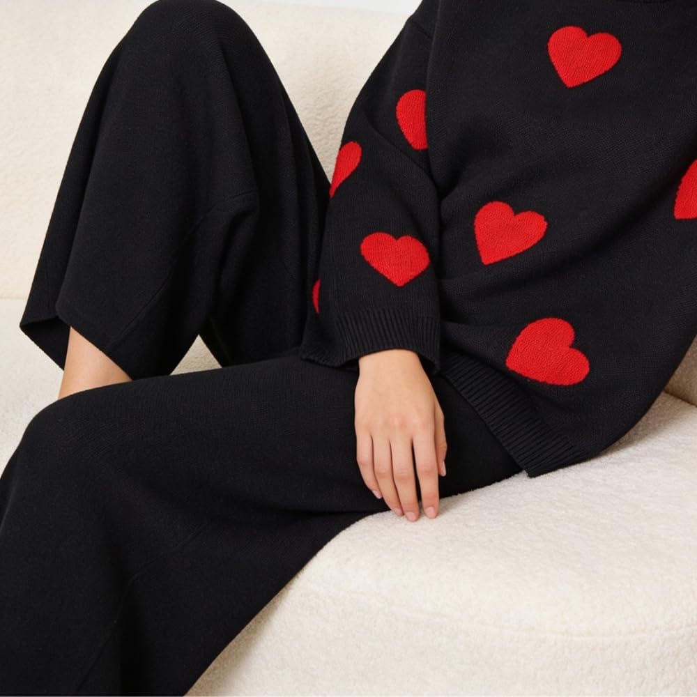 YUSHE Women’s Winter Co-Ord Set | 4-Piece 3D Heart Knit Sweater & High-Rise Pants | Matching Cap & Neck Warmer