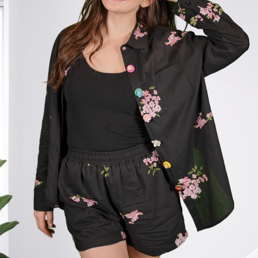 YUSHE Women 2-Piece Shirt and Shorts Ensemble Pure Cotton Easygoing Daywear