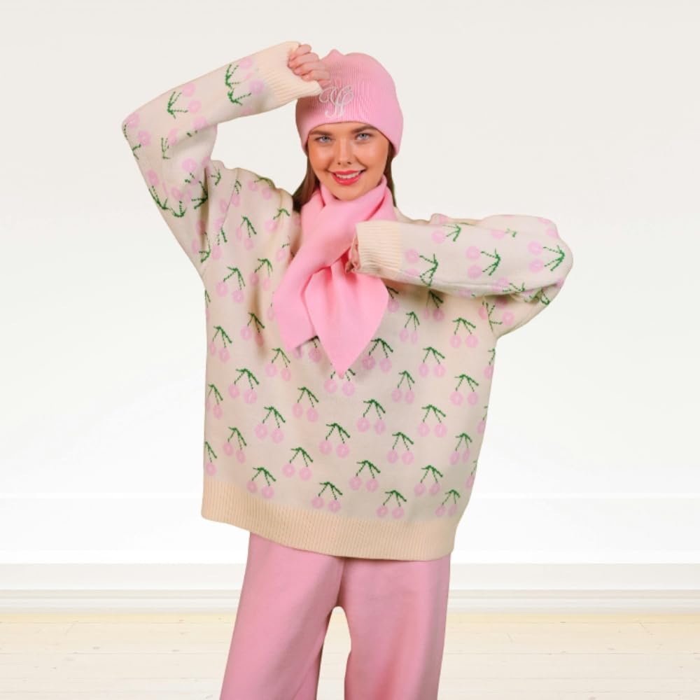 YUSHE Women’s Co-Ord Set | 4-Piece Knitted Cherry Motif Sweater & High-Rise Pants with Cap & Neck Warmer | Winter Lounge Set