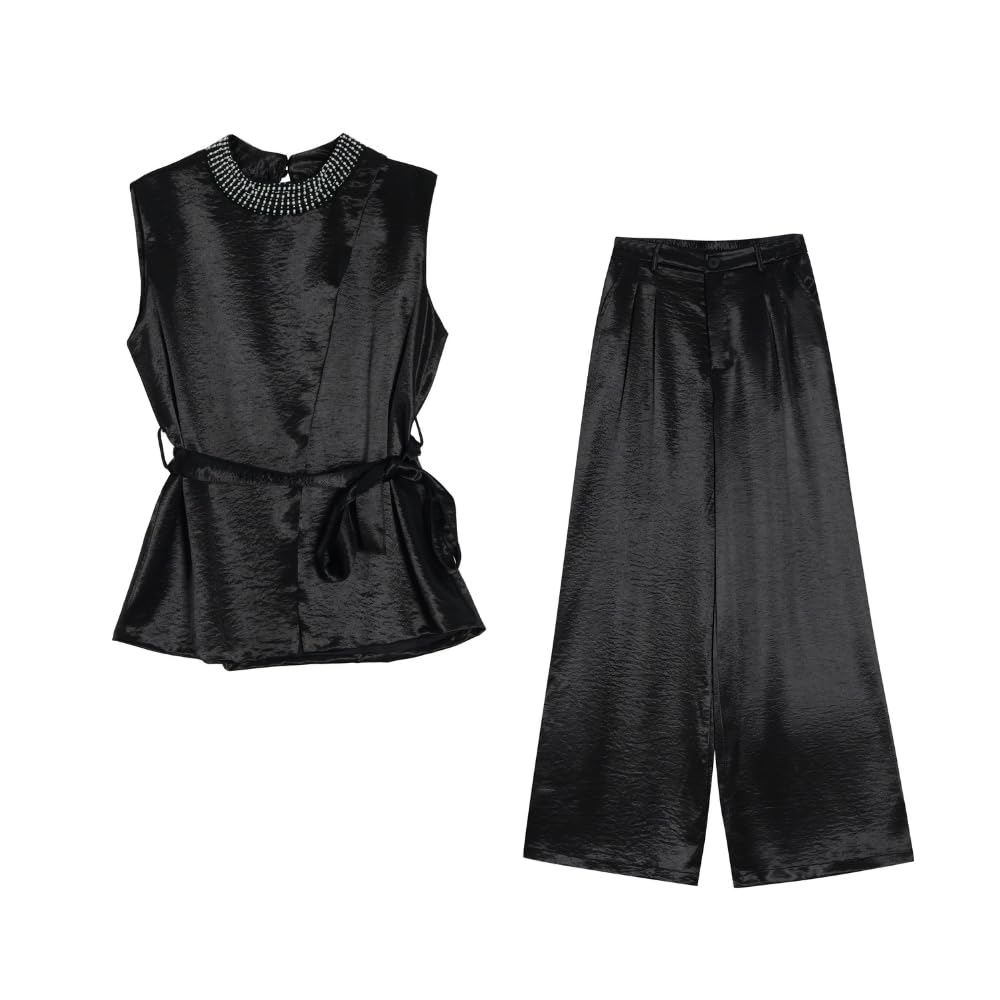 YUSHE Women 2-Piece Sleeveless Top and Straight Pant Outfit Cotton Blend Occasion Ready Set