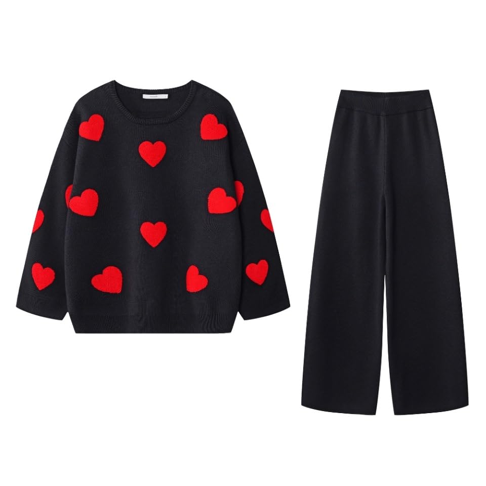 YUSHE Women Two Piece Outfit Sets | Valentine’s Lounge Set with 3D Heart Knit Sweater & High-Rise Pants | Women Winter Sets