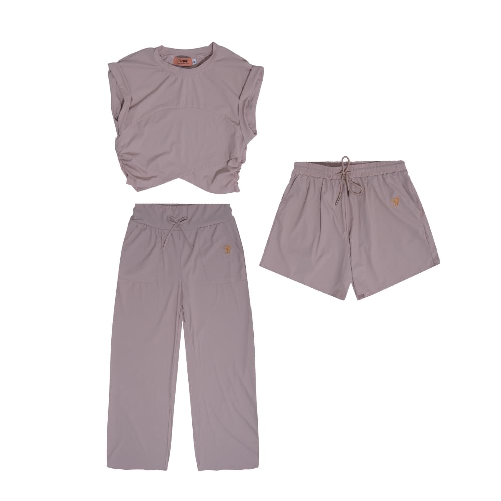 YUSHE 3 Piece Co Ord Set for Women | Ruched Top with Wide Leg Pants & Shorts | 3-in-1 Active & Lounge Wear for Travel
