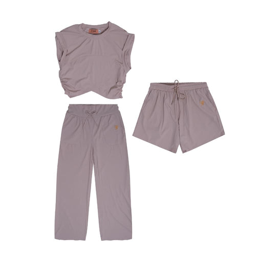 YUSHE 3 Piece Co Ord Set for Women | Ruched Top with Wide Leg Pants & Shorts | 3-in-1 Active & Lounge Wear for Travel