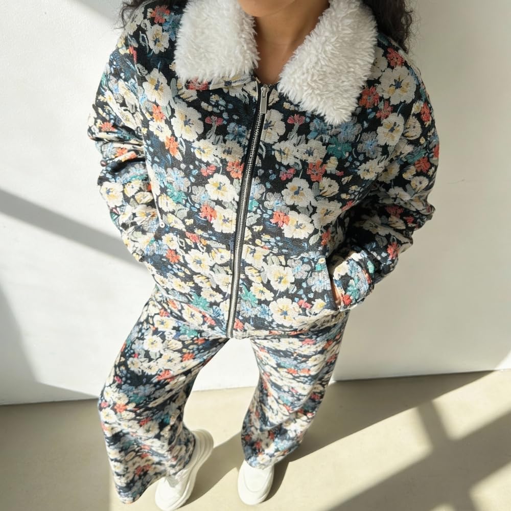YUSHE Two Piece Jacket and Pants Set for Women | Zipper Jacket with Detachable Faux Fur Collar | Blue Floral Motif Winter Set