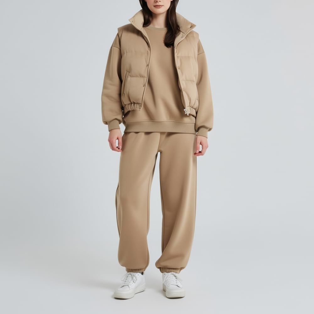 YUSHE Three Piece Sets for Women | Cotton Rich Sweatshirt and Jogger with Lightweight Puffer Jacket | Winter Cord Sets