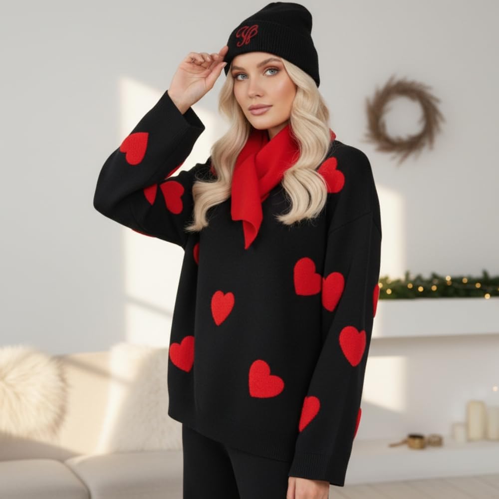 YUSHE Women’s Winter Co-Ord Set | 4-Piece 3D Heart Knit Sweater & High-Rise Pants | Matching Cap & Neck Warmer