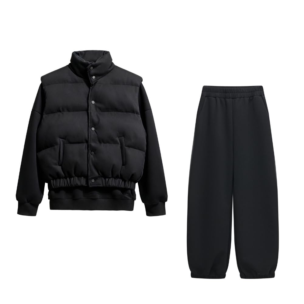 YUSHE Three Piece Sets for Women | Cotton Rich Sweatshirt and Jogger with Lightweight Puffer Jacket | Winter Cord Sets
