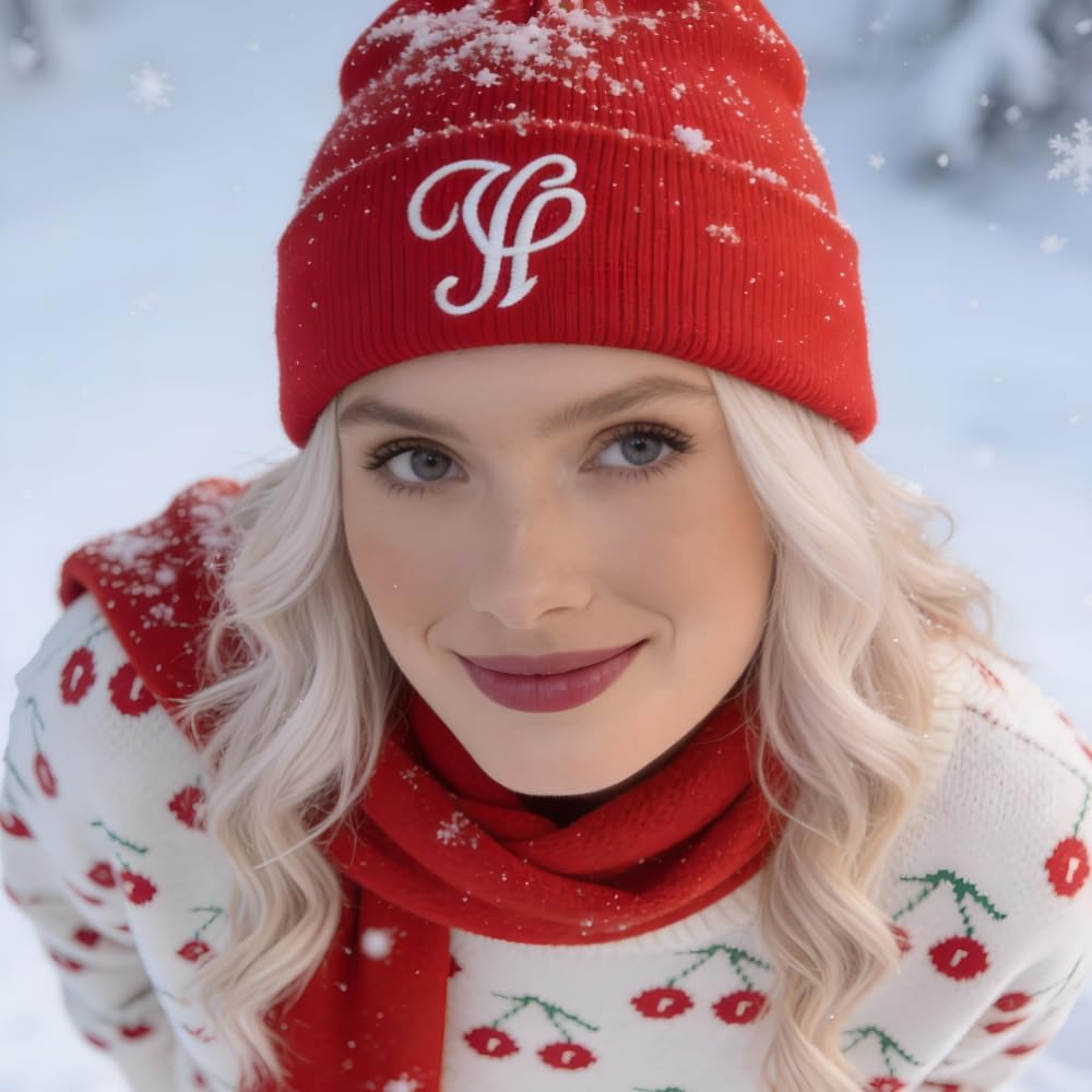 YUSHE Women’s Co-Ord Set | 4-Piece Knitted Cherry Motif Sweater & High-Rise Pants with Cap & Neck Warmer | Winter Lounge Set