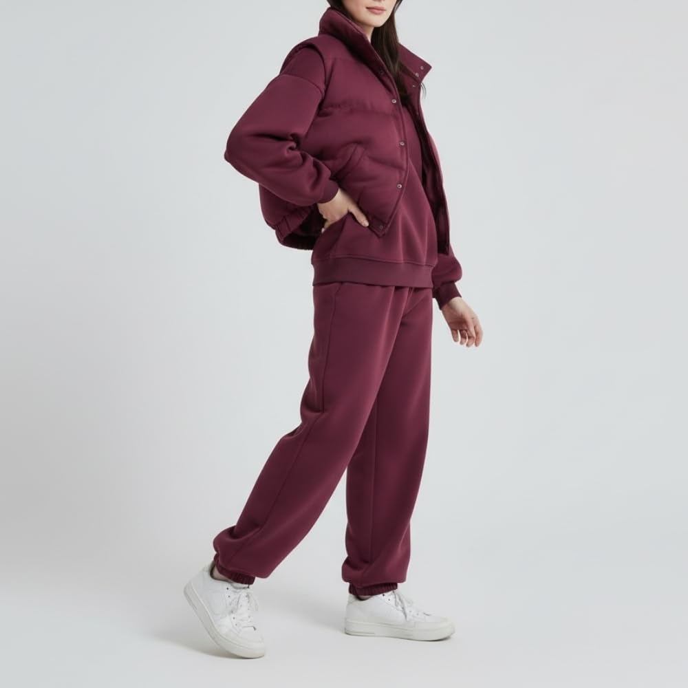 YUSHE Three Piece Sets for Women | Cotton Rich Sweatshirt and Jogger with Lightweight Puffer Jacket | Winter Cord Sets