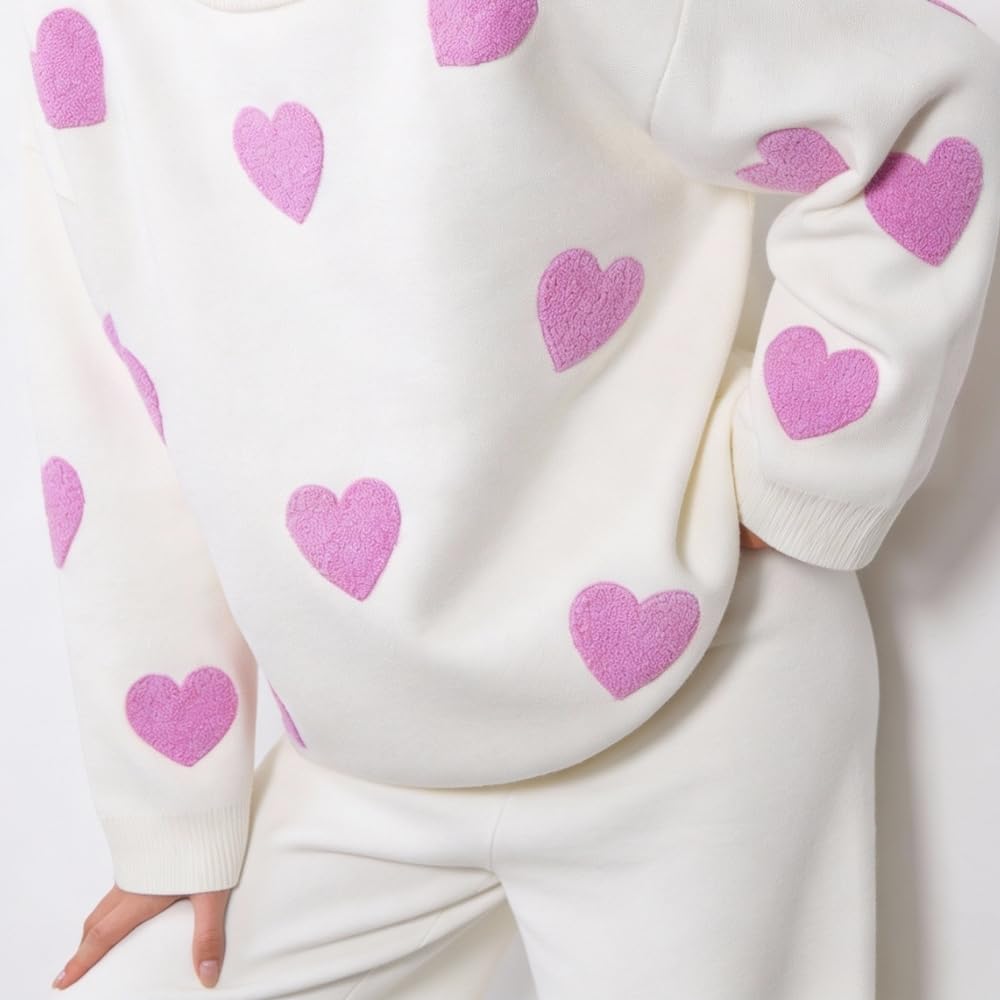 YUSHE Women’s Winter Co-Ord Set | 4-Piece 3D Heart Knit Sweater & High-Rise Pants | Matching Cap & Neck Warmer