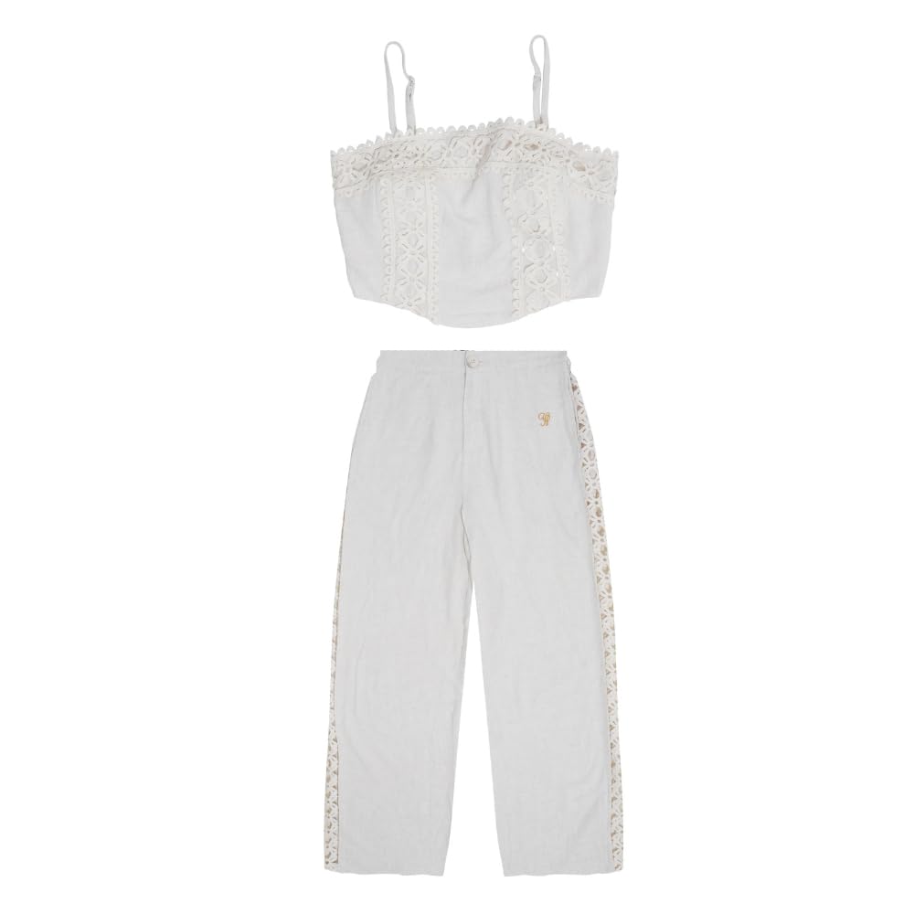 YUSHE 2-Piece Crop Top and Pants Set for Women | Lace Embroidered Top & Wide-Leg Pants with Pockets | Women Co-ord Set
