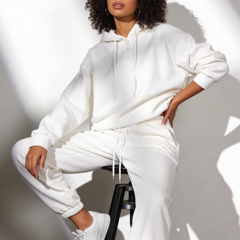 YUSHE 2 Piece Hoodie and Jogger Set for Women | Buttoned Pullover Hoodie with High Rise Joggers | Cotton Blend Sweatsuit Set