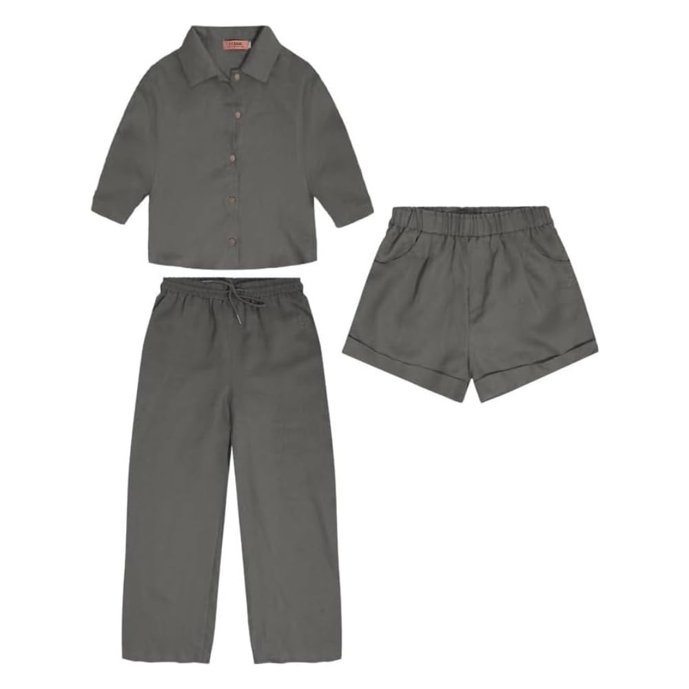 YUSHE 3 Piece Lounge Set for Women | Linen Crop Shirt with Shorts & Pants | Matching Co Ord Set | Loungewear for Travel