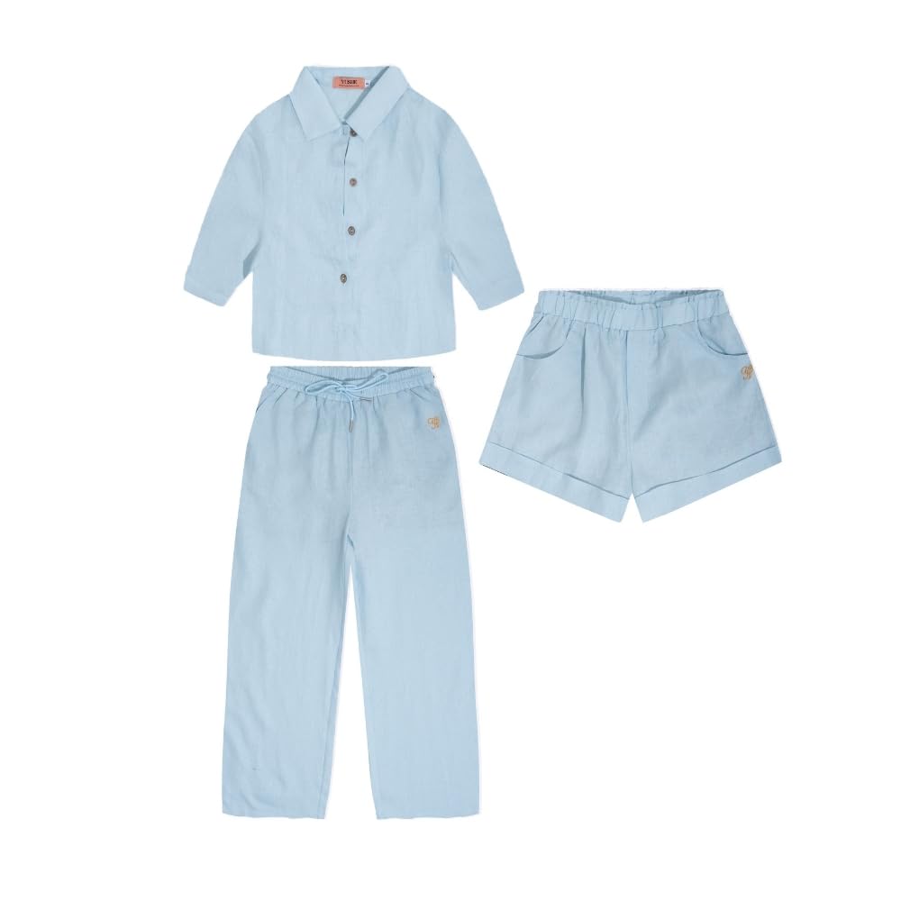 YUSHE 3 Piece Lounge Set for Women | Linen Crop Shirt with Shorts & Pants | Matching Co Ord Set | Loungewear for Travel