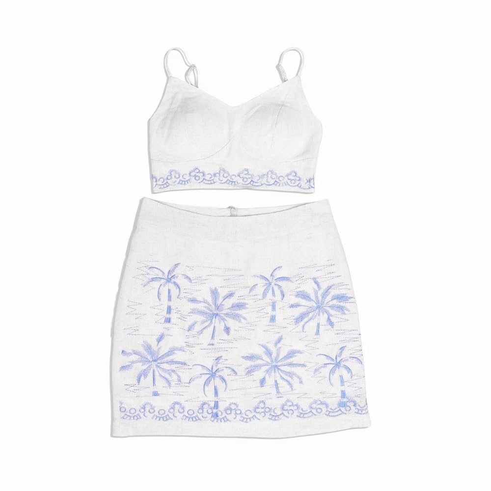 YUSHE Embroidered Crop Top and Skirt Set for Women | Cotton Blend Co-Ord Set | Two Piece Summer Set | Vacation Outfit