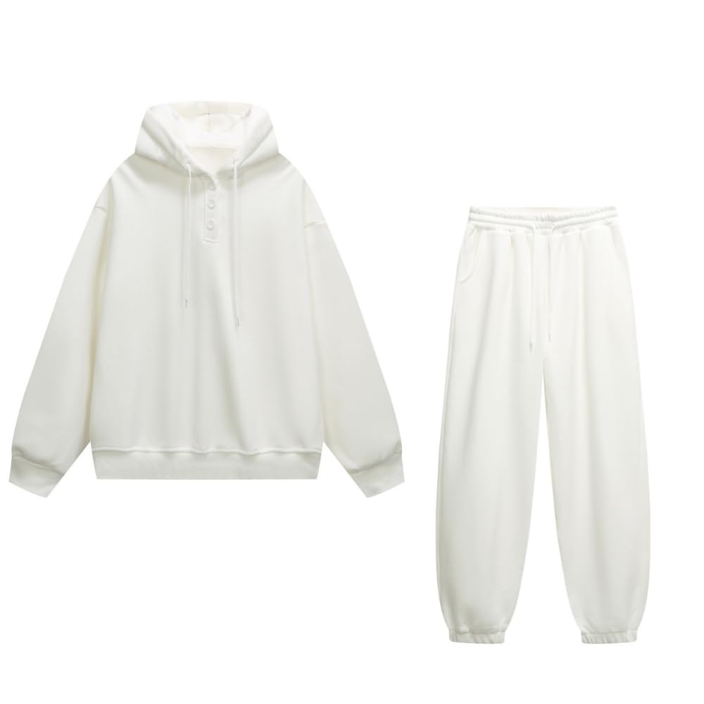 YUSHE 2 Piece Hoodie and Jogger Set for Women | Buttoned Pullover Hoodie with High Rise Joggers | Cotton Blend Sweatsuit Set