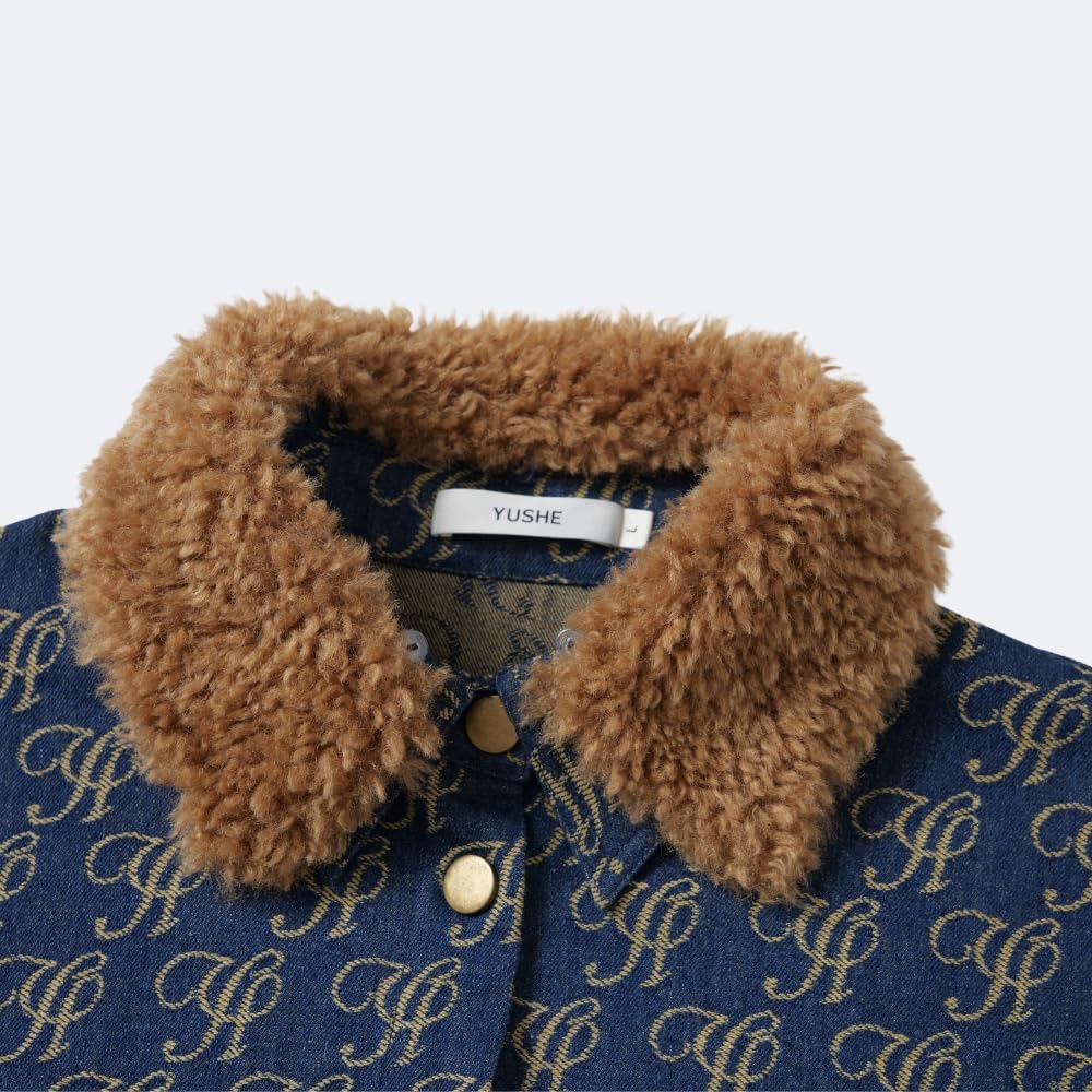 YUSHE 2 Piece Denim Outfit for Women | Button Down Shirt & Pant Set with Detachable Faux Fur | Cotton Rich Winter Set