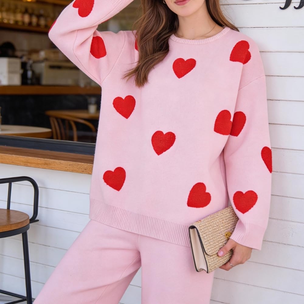 YUSHE Women Two Piece Outfit Sets | Valentine’s Lounge Set with 3D Heart Knit Sweater & High-Rise Pants | Women Winter Sets
