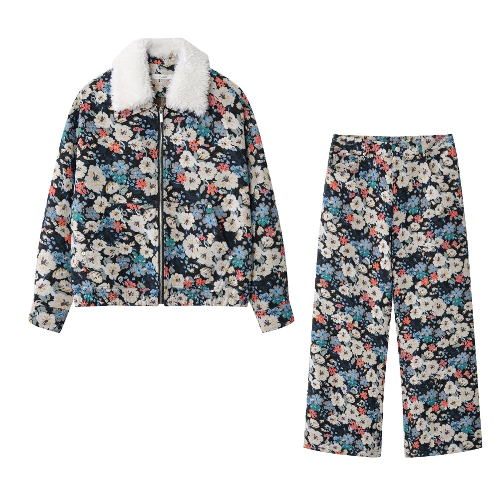 YUSHE Two Piece Jacket and Pants Set for Women | Zipper Jacket with Detachable Faux Fur Collar | Blue Floral Motif Winter Set