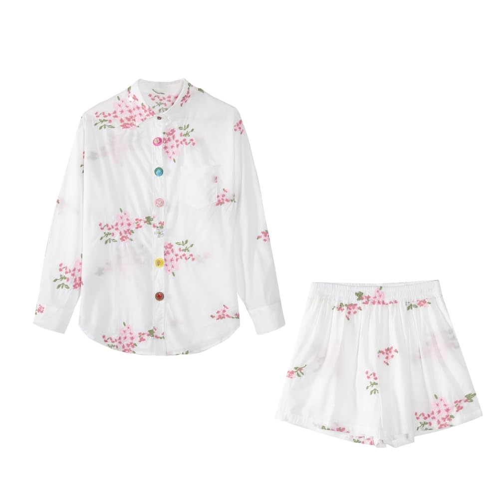 YUSHE Women 2-Piece Shirt and Shorts Ensemble Pure Cotton Easygoing Daywear